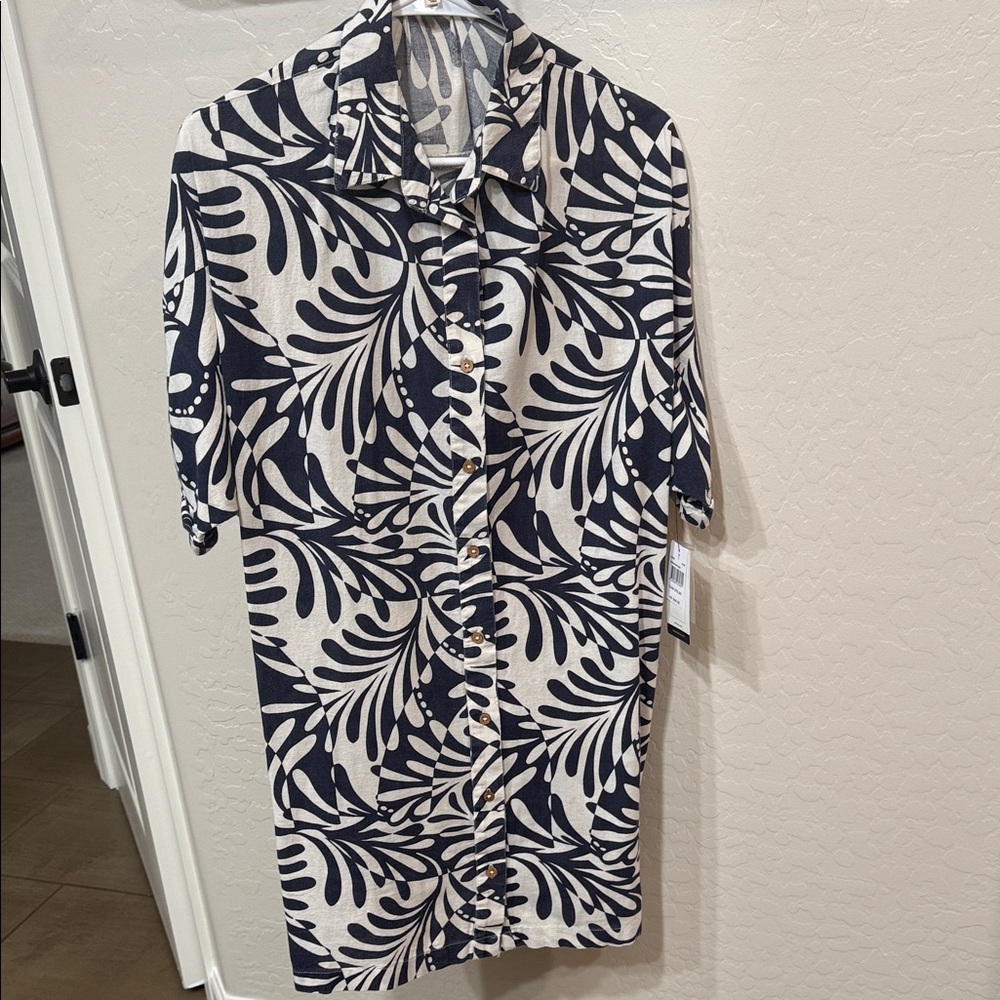 RIP CURL Navy and Cream Tropical Print Button-Up Shirt Dress
